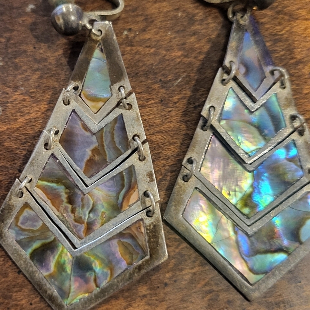 Vintage Mexico Sterling Silver & Abalone Shell Dangle Screwback Earrings - Picture 2 of 6